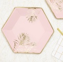 ASSIETTES ROSE PASTEL FEUILLE OR
