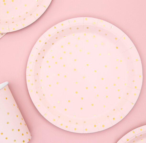 ASSIETTES ROSE PASTEL POIS OR