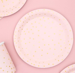ASSIETTES ROSE PASTEL POIS OR