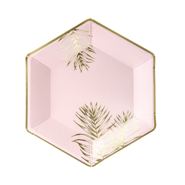 ASSIETTES ROSE PASTEL FEUILLE OR